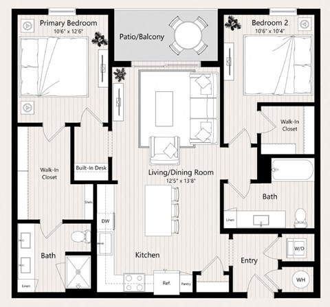 Floor plan for 2 beds, 2 baths, 1100 sqft